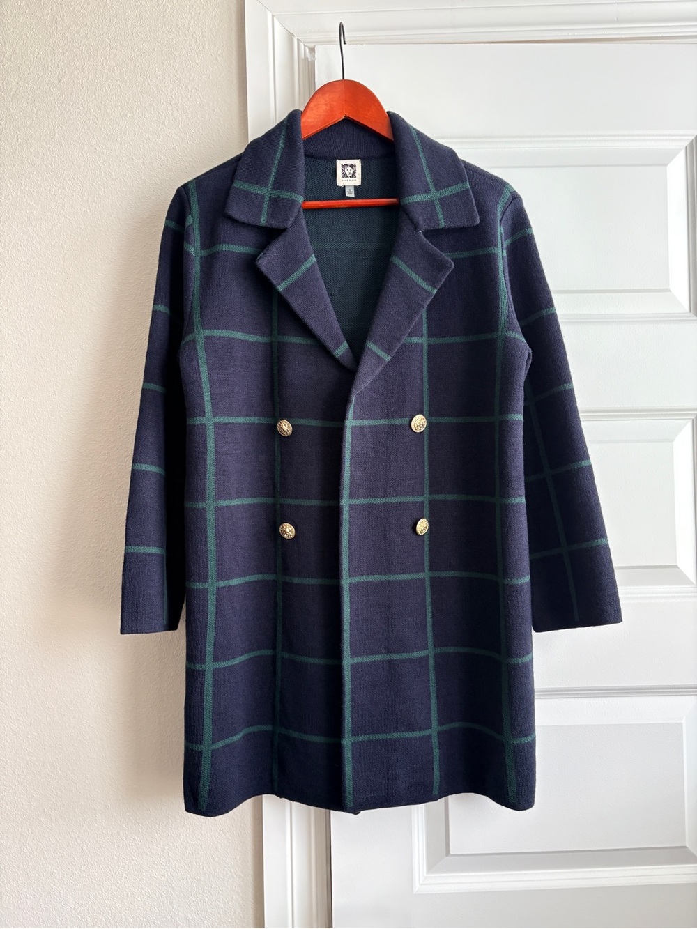 Anne Klein S Navy Green Plaid Knit Coatigan Gold Buttons Preppy